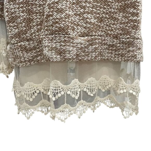 Brown Knit Tunic Top - Sheer Lace Hemline Boho Chic Cottagecore Retro Feminine - Picture 3 of 7